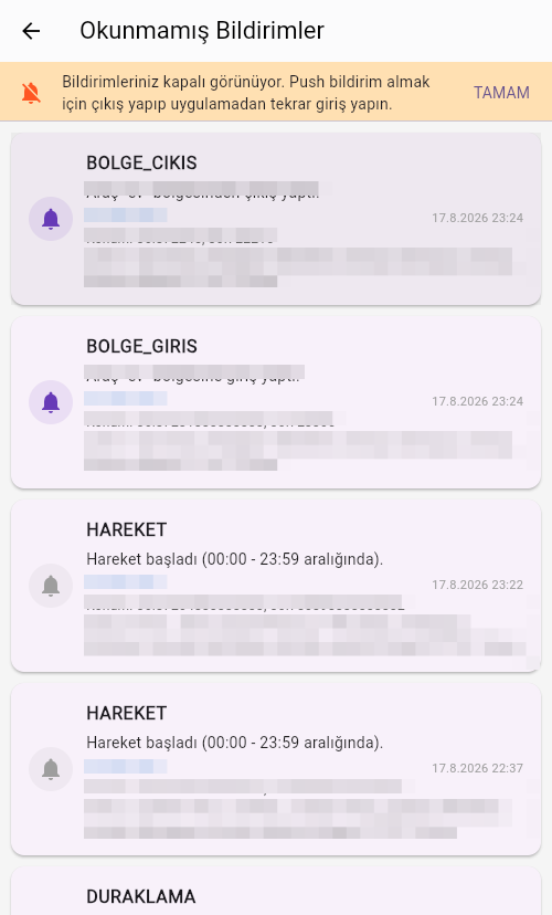 Okunmamış bildirimler listesi