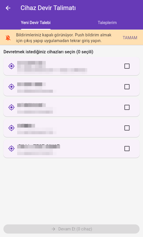 Cihaz devir talimatı: cihaz seçimi