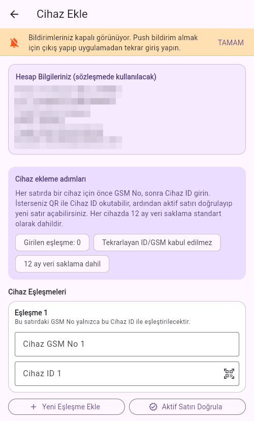 Cihaz ekleme ekranı: GSM numarası ve cihaz ID alanları